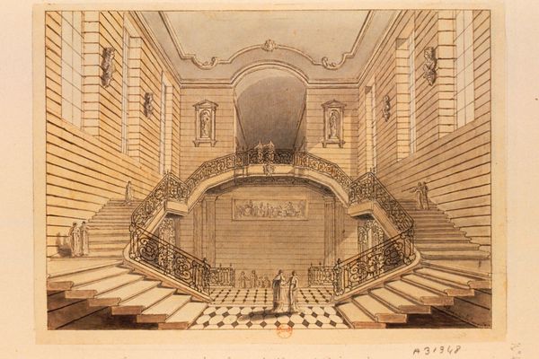 Dessin des escaliers d'honneur de l'abbaye de Prmontr par Tavernier de Jonquires au XVIIIe sicle.